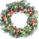 DN DECONATION 20 Inch Lighted Chirstmas Wreaths for Front Door, Artificial Winter Wreath with Lights, Eucalyptus Berry Wreath with Pine Cones for Indoor Outdoor Xmas Wreaths Home Decor