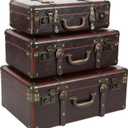 Deco 79 Faux Leather Trunk Nesting Upholstered Decorative Large Boxes with Vintage Accents and Studs, 18, 21, 23 Inches, Brown