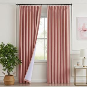 Pinch Pleated Curtains 100% Blackout Linen Curtains 90 Inches Long for Bedroom Living Room, Natural Memory Trained Thermal Insulated Room Darkening Window Pleat Drapes with Hooks, 2 Panels (Pink)