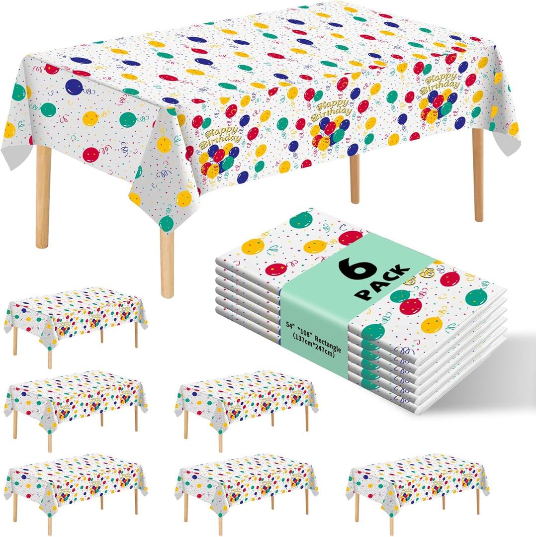 6 Pack Happy Birthday Plastic Tablecloths,108" x 54"Rectangle Disposable Table Covers for Picnic Birthday Wedding Parties (Balloon)