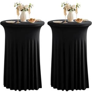 Dimatic 2 Pack Black High Top Cocktail Tablecloth Stretch Cocktail Table Cloth with Skirt Fitted 32 inch Round Spandex Table Cloths for Party Wedding Banquet Birthday