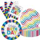 Colorful Happy Birthday Party Supplies, Vibrant Stripe Disposable Tableware, 40Pcs Rainbow Wave Birthday Plates and Napkins for Kids Birthday, Baby Shower, Baptism, Rainbow Themed Party Decorations
