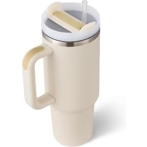 40 oz Tumbler with Handle Straw Lid Insulated Stainless Steel Vacuum Reusable Keep Drinks Cold Coffee Cup Holder Friendly Gifts for Women Men Lover Car Gym Travel, White