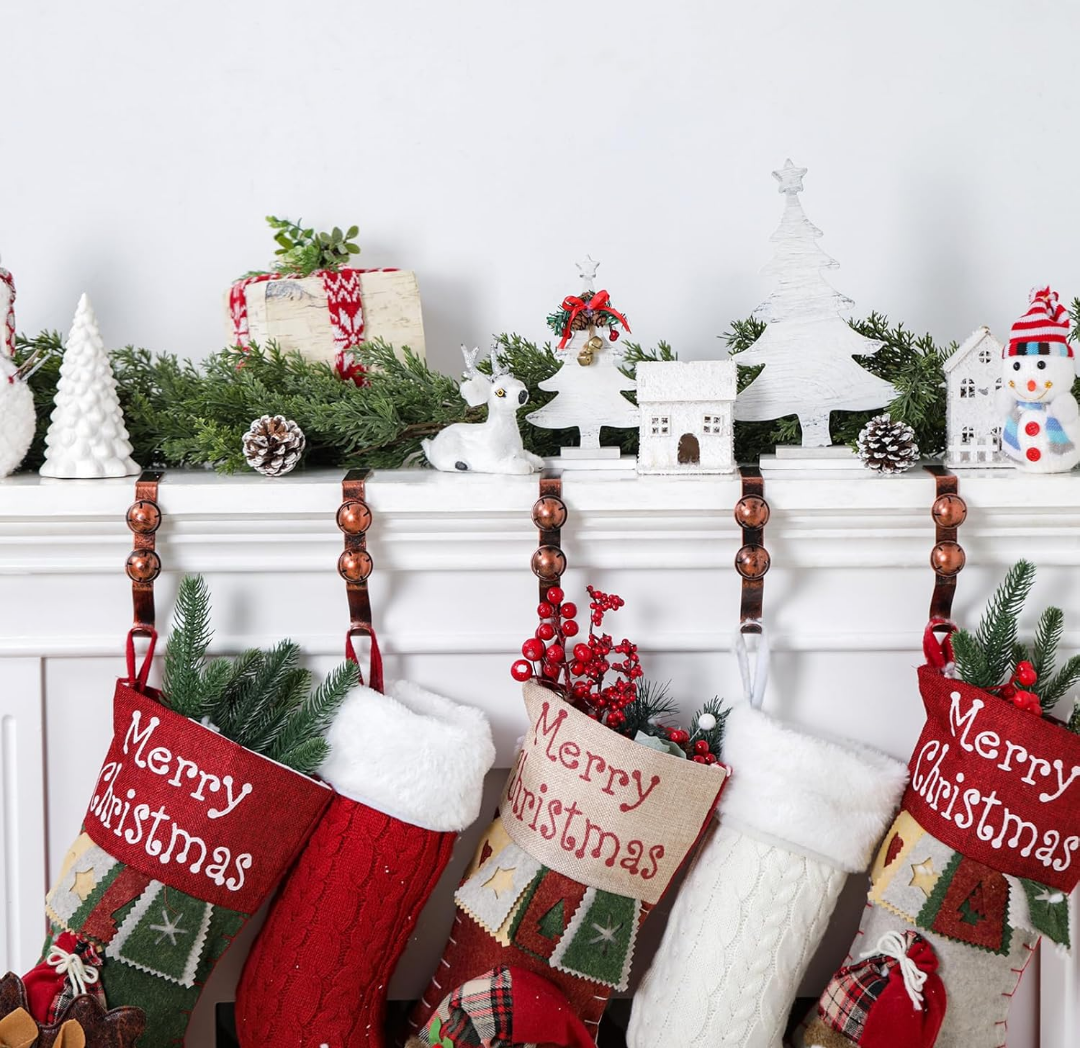Otoolling 5 Pack Christmas Stocking Holders for Mantle Rubbed Bronze Jingle Bell Stocking Holder Rustic Xmas Fireplace Hanger Hooks No Drilling Required Garland Hanger for Christmas Party Decorations
