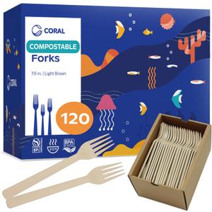 CORAL Light Brown 100% Compostable Forks - 120 Heavy Duty Forks (7.0 inch) - Break Resistant with Smooth Edges, Ocean Friendly Alternative to Plastic Silverware - Biodegradable & Disposable Forks