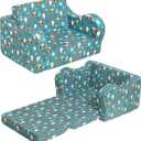 Kids Sofa, 2-in-1 Flip-Out Foam Couch, Foldable Soft Play Lounge Chair, Teal (Happy Owl)
