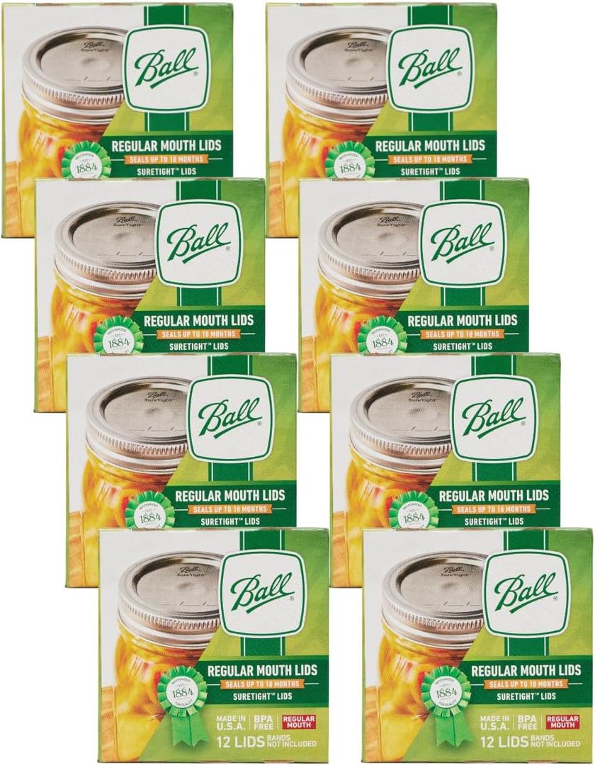 Ball Regular Mouth Lids for Glass Mason Jars, Used for Canning, Pickling, Juice, Jam, Jelly 12-Count, Pack of 8 (96-Lids Total)