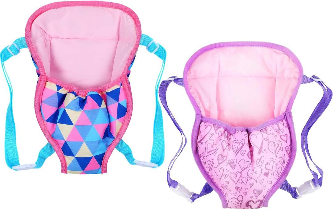 Sumind 2 Pieces Baby Doll Carrier Backpacks Doll Carrier Front Storage Bags with Straps Fit for Dolls from 14 to 18 Inches(Geometry and Heart Style)