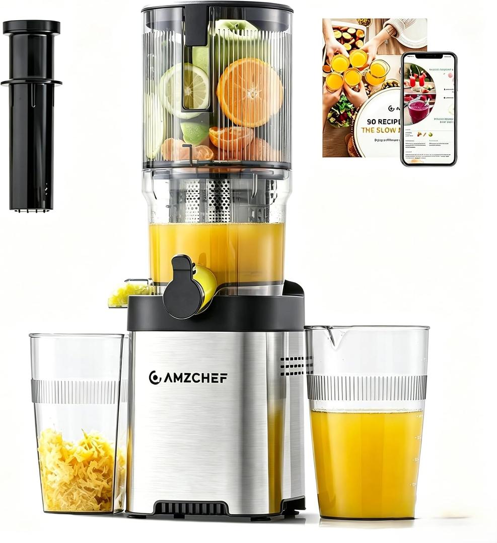Cold Press Juicer Machine, 5.4" Wide Self-Feeding Chute | Masticating Juice Extractor for Whole Fruits & Vegetables Large Auger & Triple Strainers, High Juice Yield, Easy to Clean