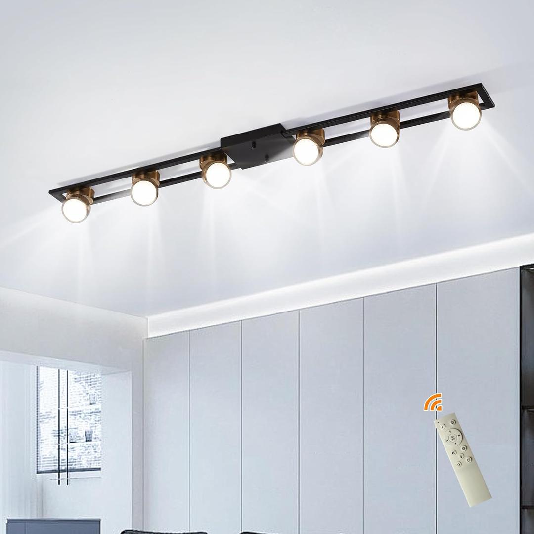 Garwarm Modern Ceiling Light Track Lighting Fixtures, 48.4 Inch Dimmable LED Kitchen Ceiling Light Fixture with Remote 6-Light Black LED Chandelier for Bedroom Dining Room (Black/72W/L123CM)