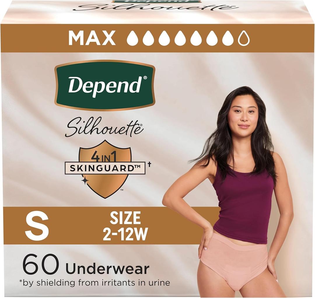 Depend Silhouette Adult Diapers, Incontinence & Postpartum Bladder Leak Underwear for Women, Maximum Absorbency, Small, Pink, 60 Count (2 Packs of 30), 