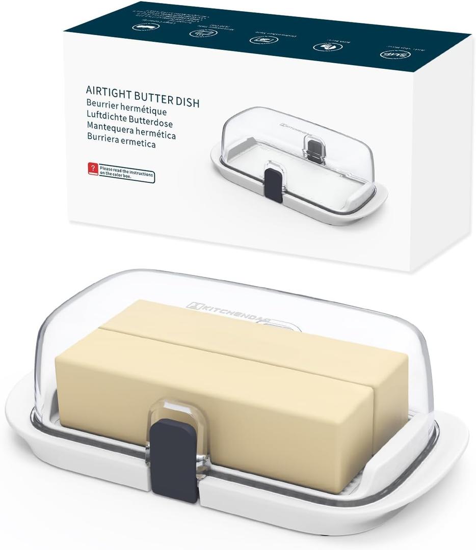 KITCHENDAO Large One-handed Butter Dish with Lid for Countertop, Airtight Butter Holder with One Press to Open/Close Secure Latching Buckle for East Coast/West Coast/European/Kerrygold Butter(White)