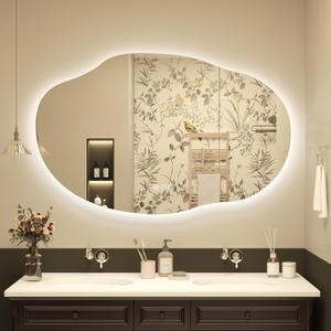 Irregular Backlit LED Bathroom Mirror for Wall 48"x30", Asymmetrical Lighted Vanity Mirror with Light, 3 Colors and Stepless Dimmable, Shatterproof, Defogger, Memory (Vertical or Horizontal)