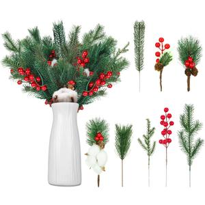 Lyrow 100 Pcs Artificial Pine Branches Green Pine Needles Fake Greenery Christmas Picks Floral Christmas Wreath Decorations Holly Red Berry Stems for Winter Holiday DIY Garland Home Garden Decor