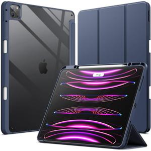 JETech Case for iPad Pro 12.9-Inch (2022/2021/2020/2018) with Pencil Holder, Clear Transparent Back Shell Slim Stand Shockproof Tablet Cover, Auto Wake/Sleep (Navy Blue)