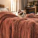 PHF Ultra Soft Flannel Fleece Blanket Queen Size, Lightweight 3D Jacquard Fleece Blanket, No Shedding, No Pilling, Luxury 340GSM Aesthetic Fluffy Cozy for Bed Room Decor, 90"x90", Terracotta