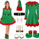 11 Pcs Women Christmas Elf Costume Set Costume Dress Xmas Festive Outfit with Elf Ears Hat Shoes (Green)