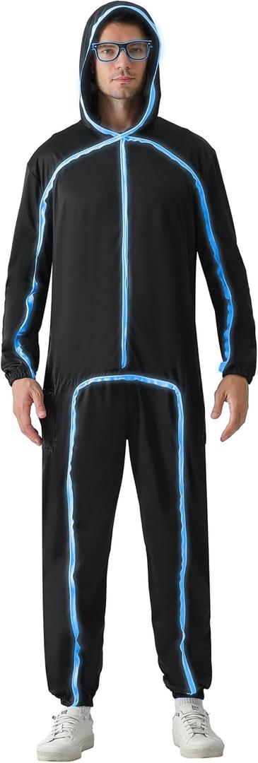 Stick Figure Costume Adult Light up Costume with Glasses Halloween Glow in the Dark Outfits for Men Women (Medium, Ice Blue)