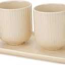 Ceramic Coffee Mugs with Handle Set 2-Piece 11 Oz Ceramic Coffee Cups & 9" Tray, Handmade Ivory Color, Microwave Safe Gift Set for Tea Lovers, Home Kitchen Decor