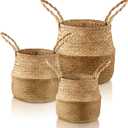Patelai 3 Set Seagrass Belly Storage Basket Woven Plant Pot Holder with Handles for Plants Picnic Grocery Laundry(Natural Color)