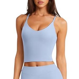LASLULU Women's Workout Tops Basic Wireless Bra Camisole Cropped Cute Summer Exercise Compression Gym Shirts 2025 Tank Top with Built-in Bra (Shell Blue Large)