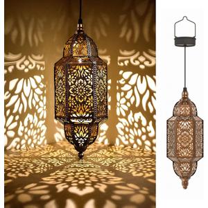 Twinkya 2 Pack Hanging Solar Lights Outdoor Garden Decorative Solar Lantern Waterproof Metal Moroccan Outdoor Decorations for Patio Pathway Yard Porch Backyard Garden Decor (Gold, 2 Pack)