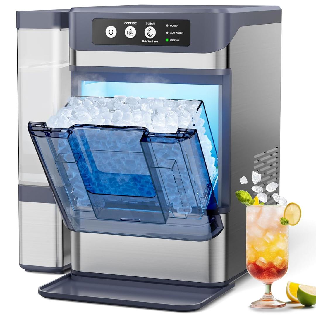 Nugget Ice Maker, 44Lbs/24H with 0.8 Gallon Tank, Soft Chewable Pellet Ice Ready in 5min Portable Ice Maker, Stainless Steels Ice Makers Countertop Self-Cleaning for Kitchens/Home/Office/Bar
