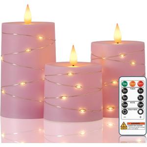 Raycare Easter Pink Flameless Candles with Remote Timer, Flickering Battery Operated LED Pillar Fake Candle with String Lights for Home Decor, Christmas, Wedding and Gift, Set of 3