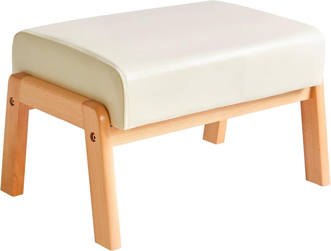 IBUYKE 10.2 H Small Foot Stool Ottoman, Rectangle PU Faux Leather Foot Rest with Padded Seat and Wood Legs, Modern Accent Ottoman Foot Rest for Living Room Bedroom Couch Office, White WBD013W