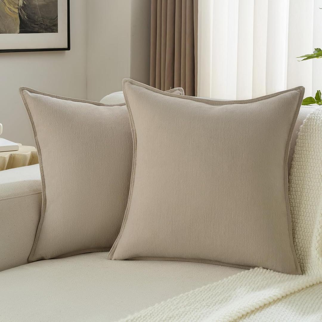 FUTEI Pack of 2 Solid Chenille Throw Pillow Covers 18x18 Inch Soft Edge Decorative Cushion Cases Farmhouse Accent for Couch Bed Living Room, Oatmeal