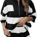 Womens Cotton Half Zip Retro Set Elastic Waist Short Striped Stylish Comfortable Versatile Activewear Outfit M