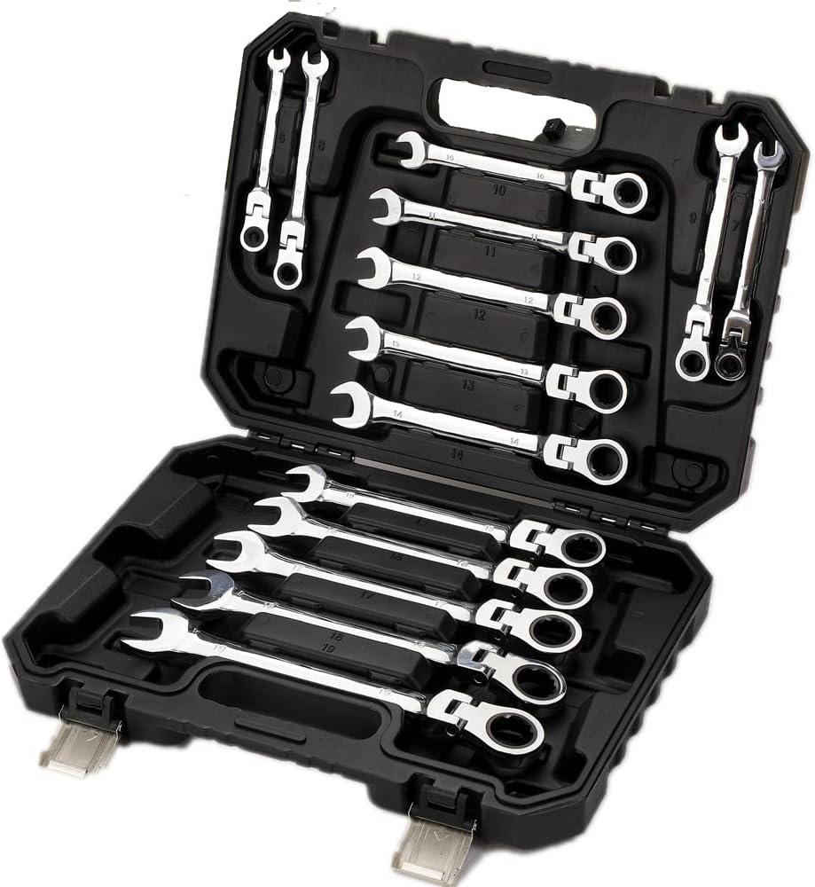 FLZOSPER 14-Piece Flexible Head Ratcheting Wrench SetMetric Combination Spanner Kit, 6-19mm Chrome Vanadium Steel Ratchet Wrench Set with Portable Suspended Toolbox