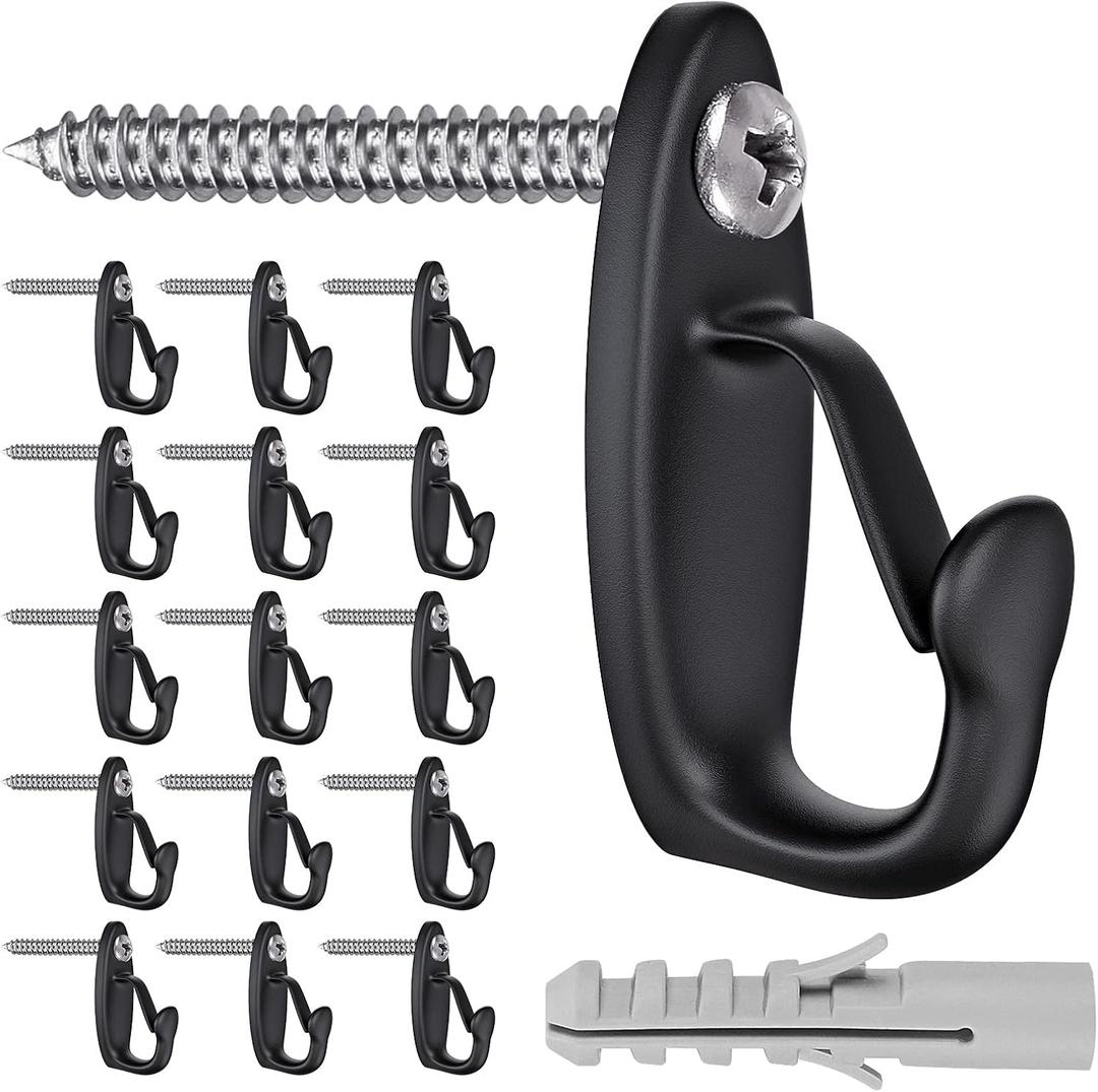 SELEWARE 15PC Screw-in Hooks for Hanging Outdoor String Lights, Windproof Christmas Light Hanger, Black Wall Hooks for Patio Gazebo Fence
