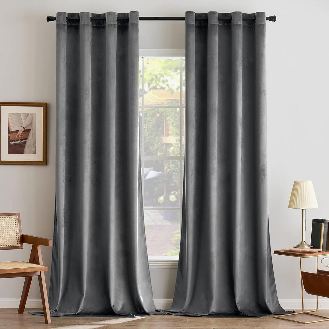 ANRODUO Grey Velvet Curtains 90 Inches Long Blackout Thermal Insulated Soundproof Curtain Privacy Room Darkening Curtains Grommet Window Drapes for Bedroom Living Room Set of 2