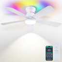 Surtime 46" White Ceiling Fans with RGB Lights - Flush Mount Ceiling Fan Light with LED 3CCT Dimmable, Modern Low Profile Ceiling Fans for Indoor Party,Covered Outdoor