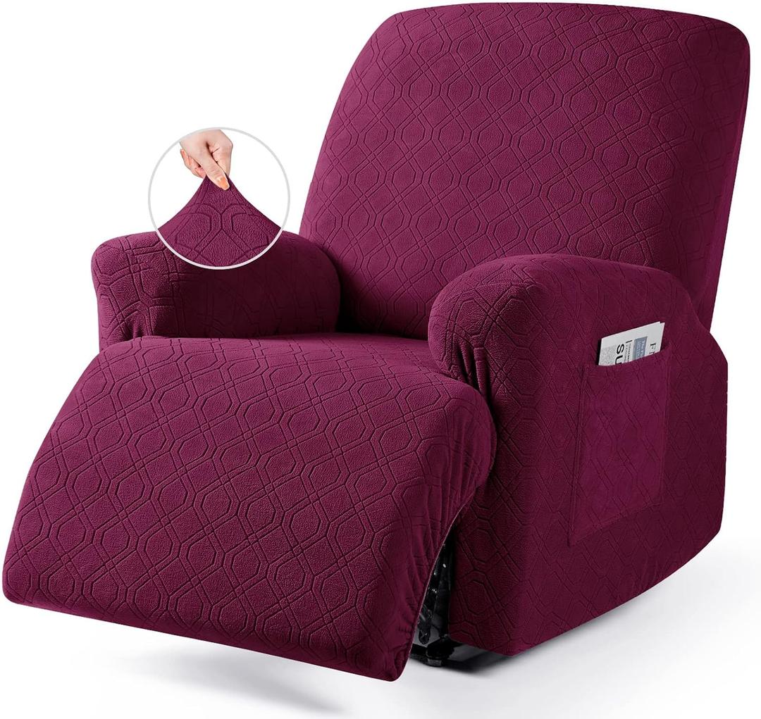 VANSOFY Oversized Recliner Chair Cover, 4-Pieces Stretch Recliner Covers for Recliner Chair Soft Reclining Chair Slipcover Jacquard Pattern Furniture Protector for Dogs Cats Burgundy, 1 Seater--x Large