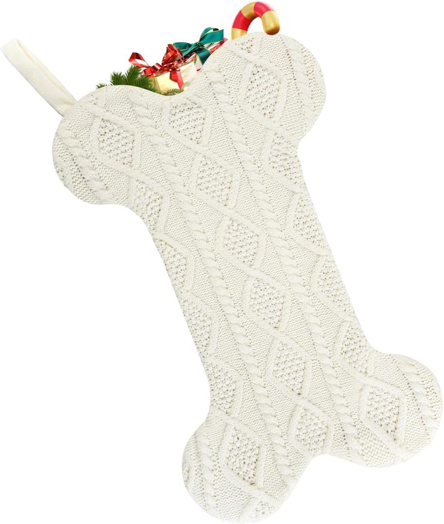 Christmas Stocking, Large Dog Bone Shape, Super Soft Cable Knit Pattern, 18", Fireplace Hanging Holiday Decoration, Knitted Xmas Stockings for Pets, Family Party Dcor, White