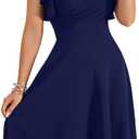 LYANER Women's Deep V Neck Ruffle Short Sleeve Wrap Swing A Line Flared Cocktail Party Midi Dress Navy Blue Large