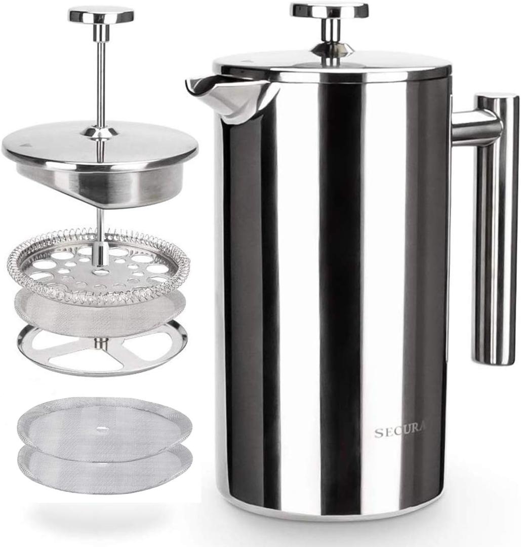 Secura French Press Coffee Maker, 304 Grade Stainless Steel Insulated Coffee Press, 34oz (1 Litre), Silver