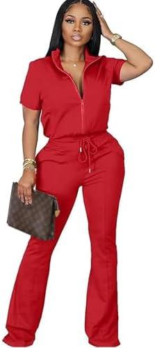OCEANLUX Women's Lounge Tracksuit Set Two Piece Full Zip Up Short Sleeve Jacket & Drawstring pants Outfits Size Small, Red 