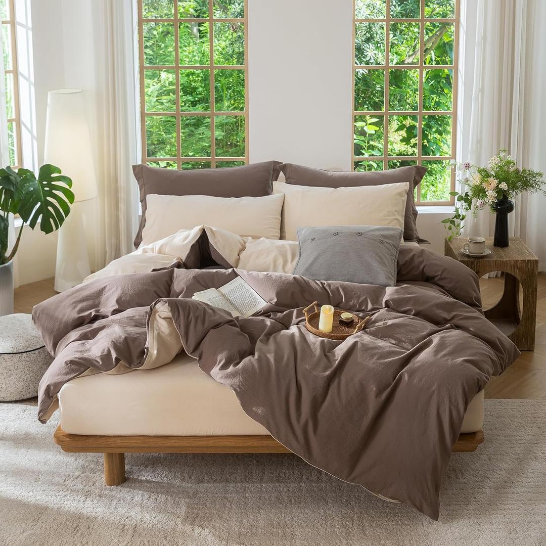 BDEAR 3 Pieces Reversible Duvet Cover Set King Size 104''W x 90''L, 100% Washed Cotton Duvet Cover with Zipper Closure Plus 2 Pillowcases, Double Sided with Light Chocolate Brown Plus Sandy Beige