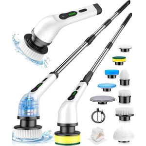Electric Spin Scrubber, Cordless Cleaning Brush, Shower Scrubber with 7 Brush Heads 2H Power Dual Speed, Adjustable Extension Handle, IPX7 Waterproof for Tub Tile Floor Car, A-J1