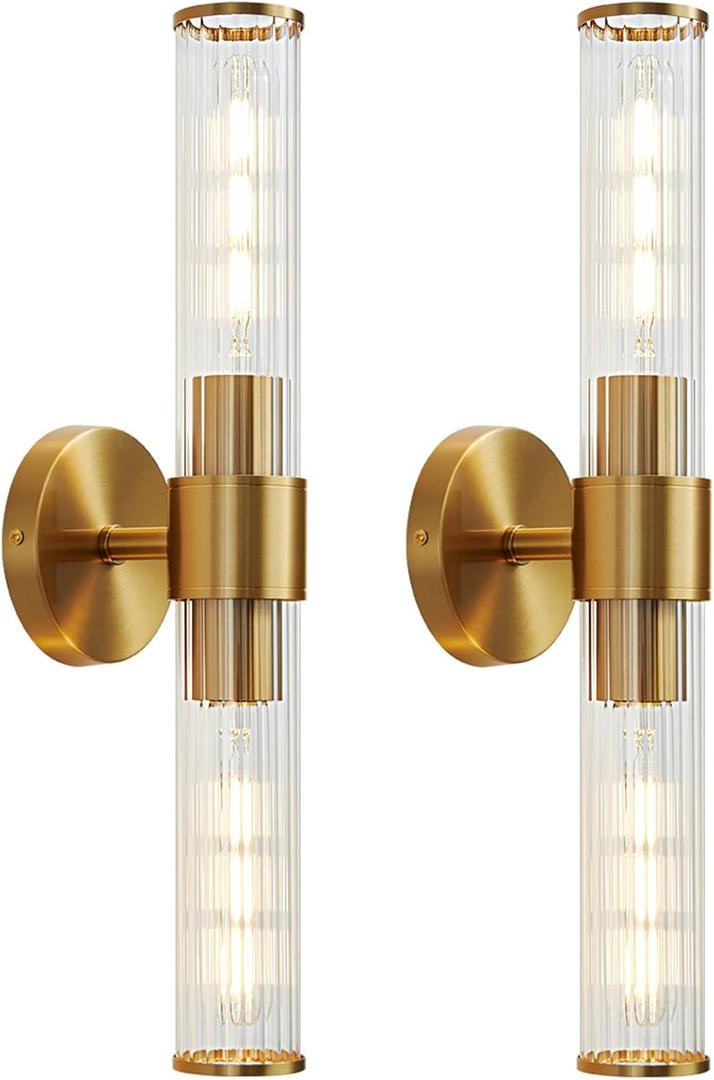 Gold Bathroom Light Fixtures 2 Pack, Vanity Lights for Mirror with Threaded Glass Shade, 20 Inch Up and Down Wall Sconces for Bathroom Bedroom Living Room Hallway - Bulb Not Included