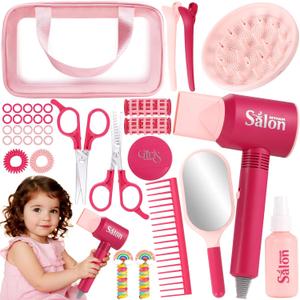GAGAKU Kids Pretend Play Hair Salon Set, Pink, 36 Piece Beauty Styling Accessories Kit with Toy Dryer, Scissors, Combs for Girls