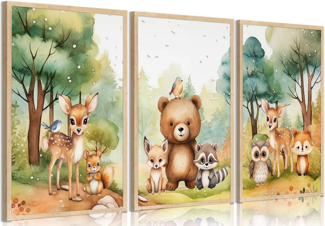 3Pcs Woodland Animal Nursery Wall Art Forest Animal Wall Decor Cute Watercolor Deer Bear Fox Poster Canvas Prints Paintings Pictures Artwork for Kids Baby Bedroom Decor Unframed Poster 12X16in (12L" x 16W")