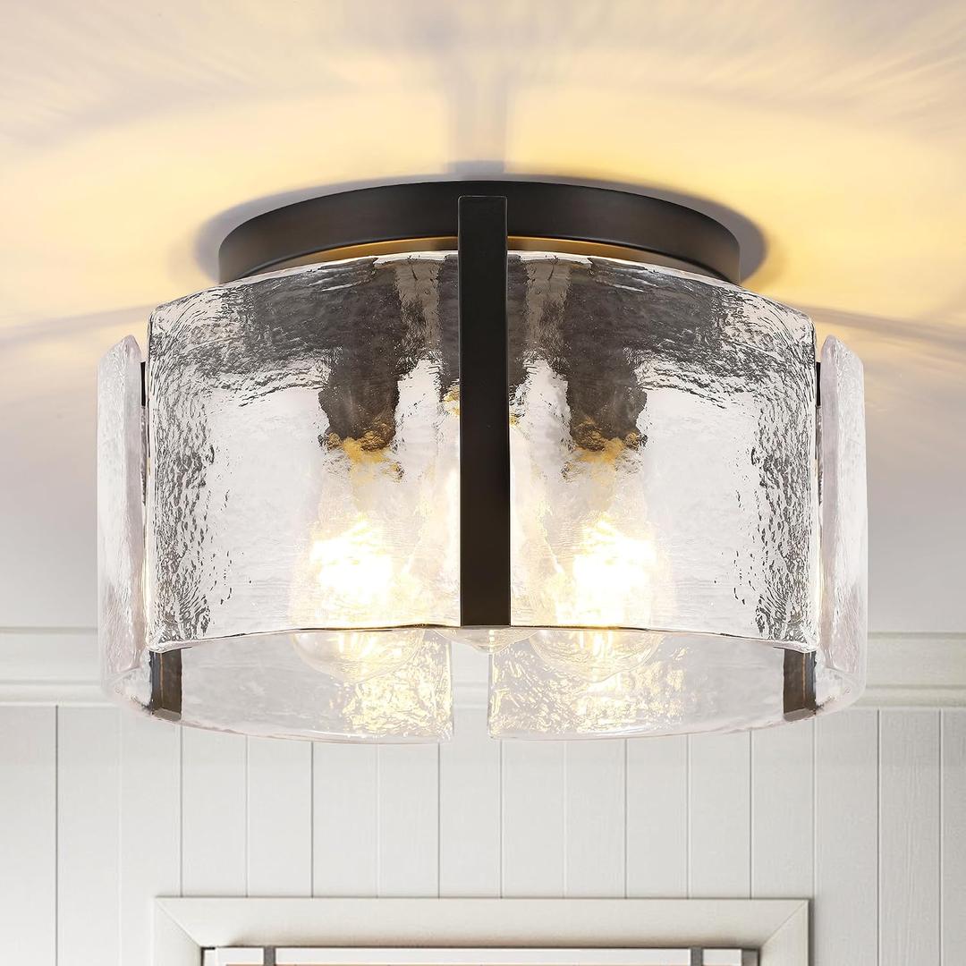 Black Semi Flush Mount Ceiling Light 15'', 3-Light Modern Farmhouse Glass Light Fixture, Dimmable Close to Ceiling Mount for Hallway, Kitchen Island, Entryway, Bedroom, Bathroom, Laundry Industrial