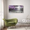 Large Purple Wall Art Decor for Living Room Bedroom Framed Black and White Seascape Full Moon Purple Flower Painting Canvas Picture Modern Hand-Painted Plum Blossom Artwork for Home Office, 40"L x 20"W