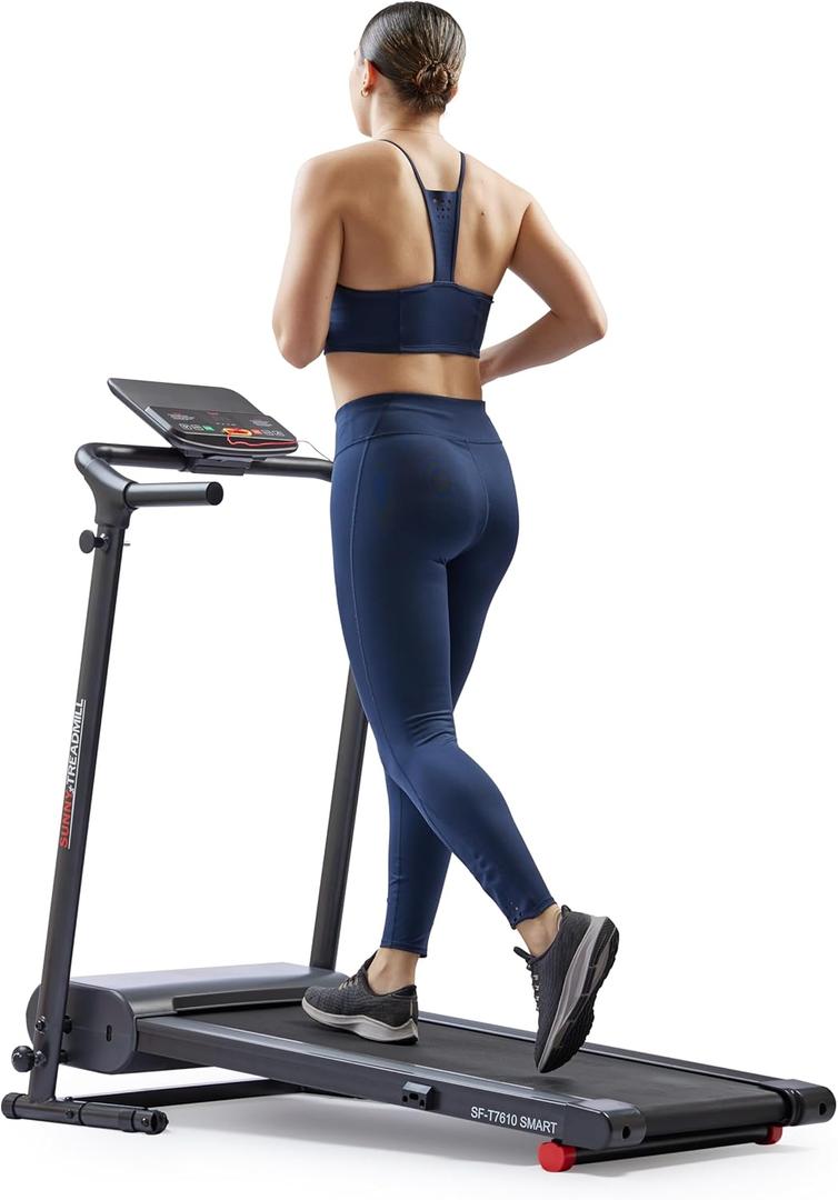 Sunny Health & Fitness Compact Foldable Treadmill - Easy Assembly, Quiet Operation, LCD Performance Monitor, Device Holder - Running & Walking Exercise, Optional Free SunnyFit App Bluetooth Connection (One Size, Smart)