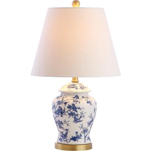JONATHAN Y 22" Blue/White Ceramic Table Lamp, French Country Chinoiserie Ginger Jar LED Bedside Lamp for Living Room Bedroom, White Linen Shade, JYL3005A