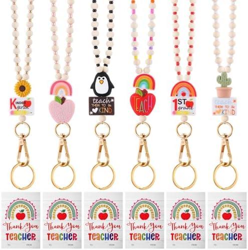 Liliaafar 6 Pcs Teacher Lanyards for ID Badges Gift with 6 Pcs Teacher Thank You Appreciation Cards Bulk Wooden Beaded Lanyard for ID Badge Holder and Keys Cute Back to School Office Appreciation Gift